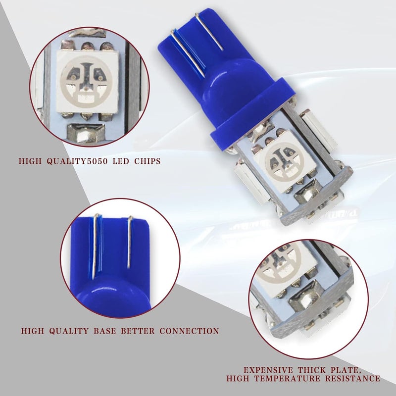 RBOKO 10PCS 194 LED Light Bulb 6000K Wedge T10 LED Bulb 5SMD 5050 Chips, 168 T10 2825 5SMD DC 12V Replacement Bulbs for Car Dome Map Door Courtesy License Plate Lights (Blue) - Image 3